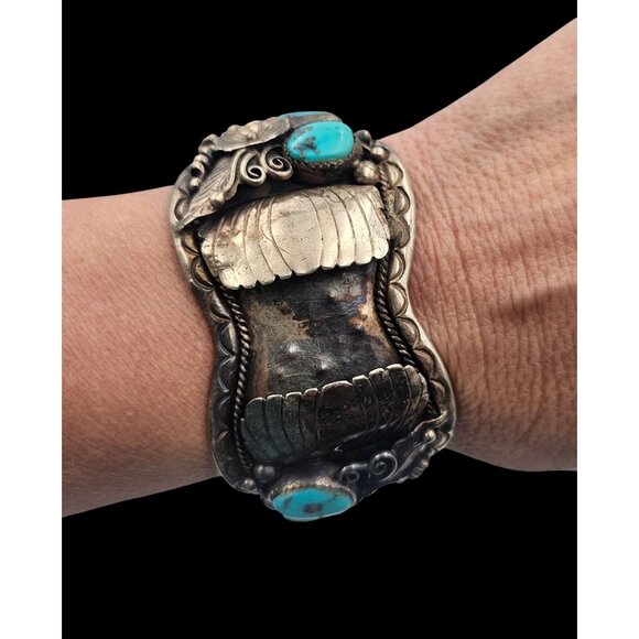 Fred James Vintage Navajo Sterling Silver Turquoise Watch Cuff 90 grms No Watch - Picture 2 of 15